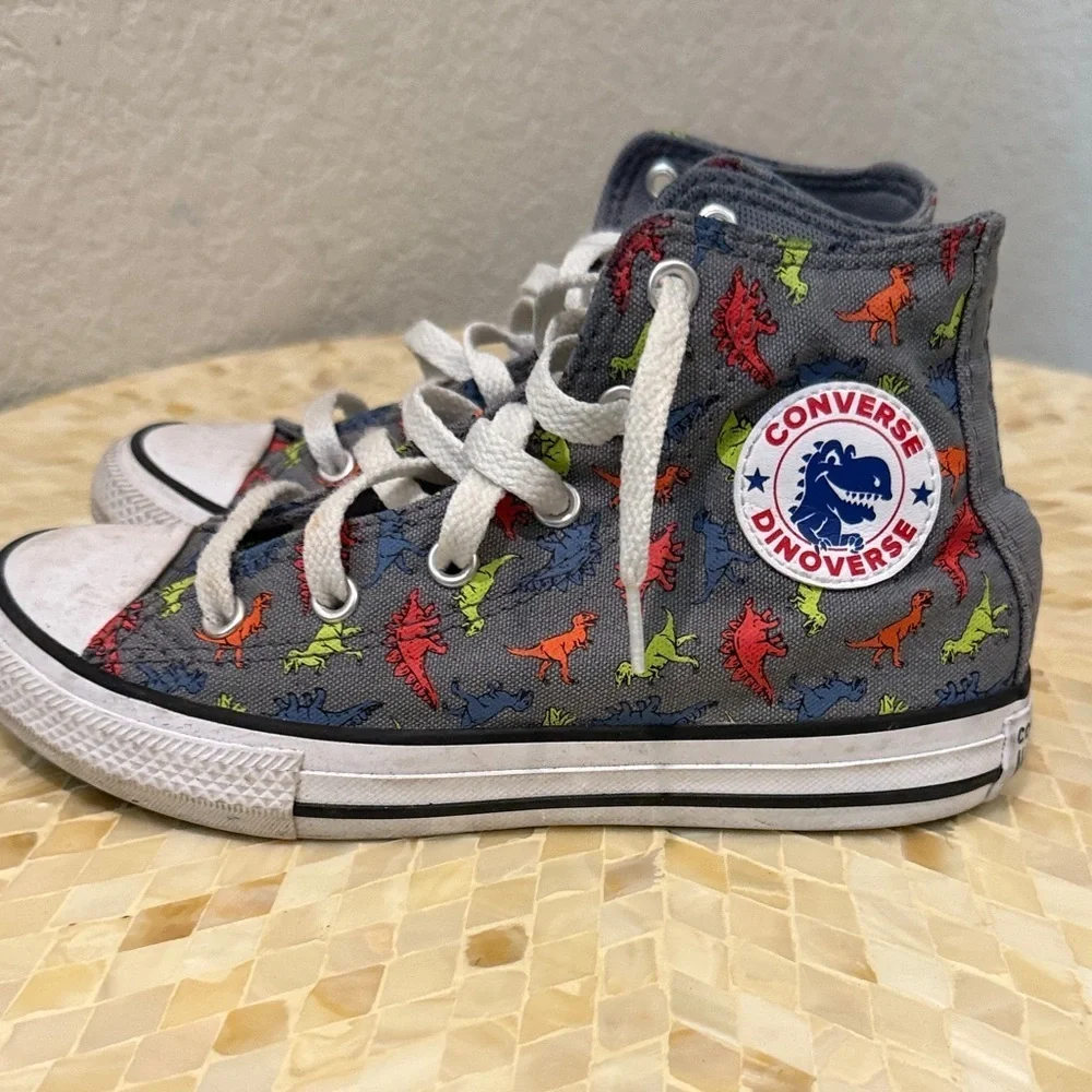 Converse Dinoverse Kids High-Tops - Gray with Colorful Dinosaurs size 1Y